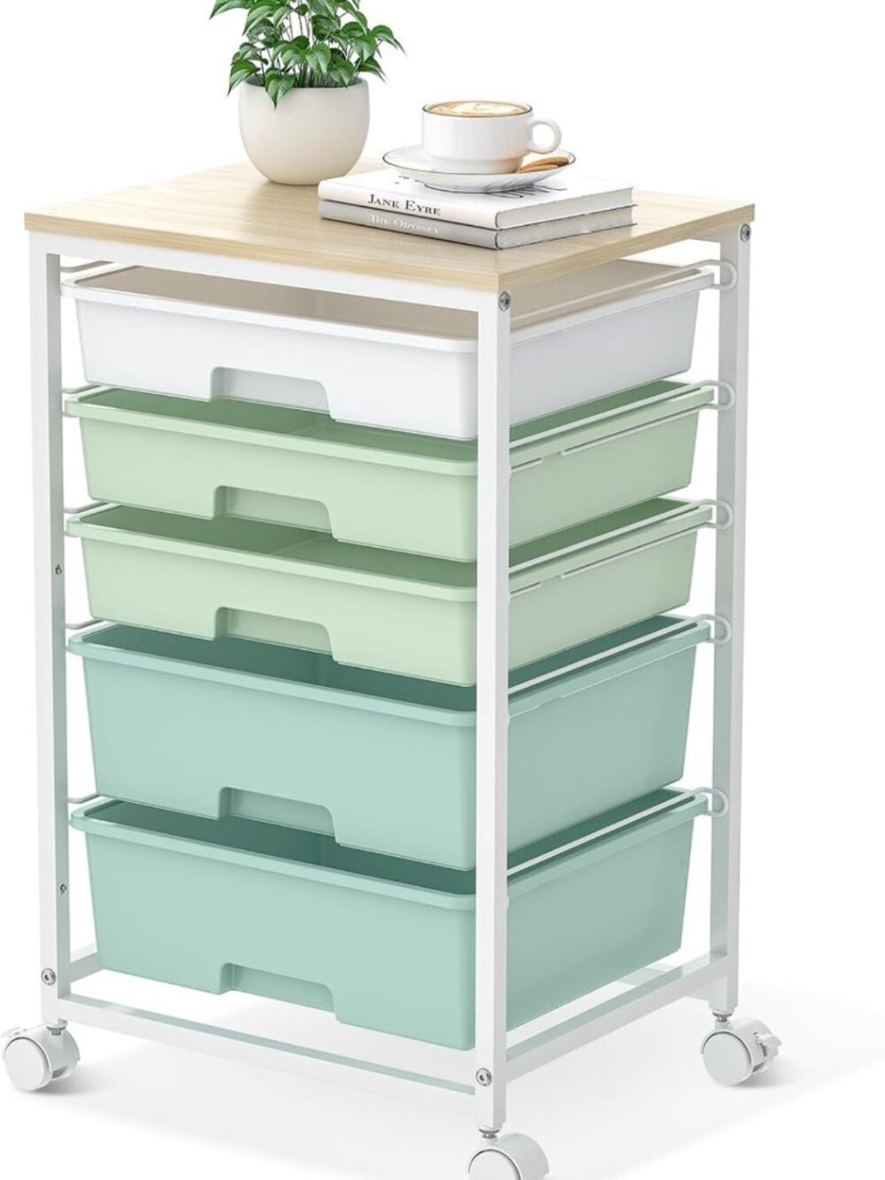 Light Green 5-Drawer Rolling Storage Cart with Wheels, Organizer for Home